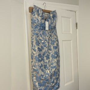 Blue/ Tan Strapless Cocktail Dress